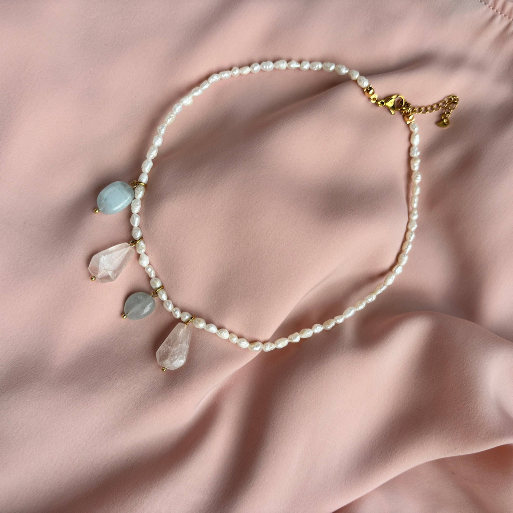 Primavera - collana con acquamarina, quarzo e perle