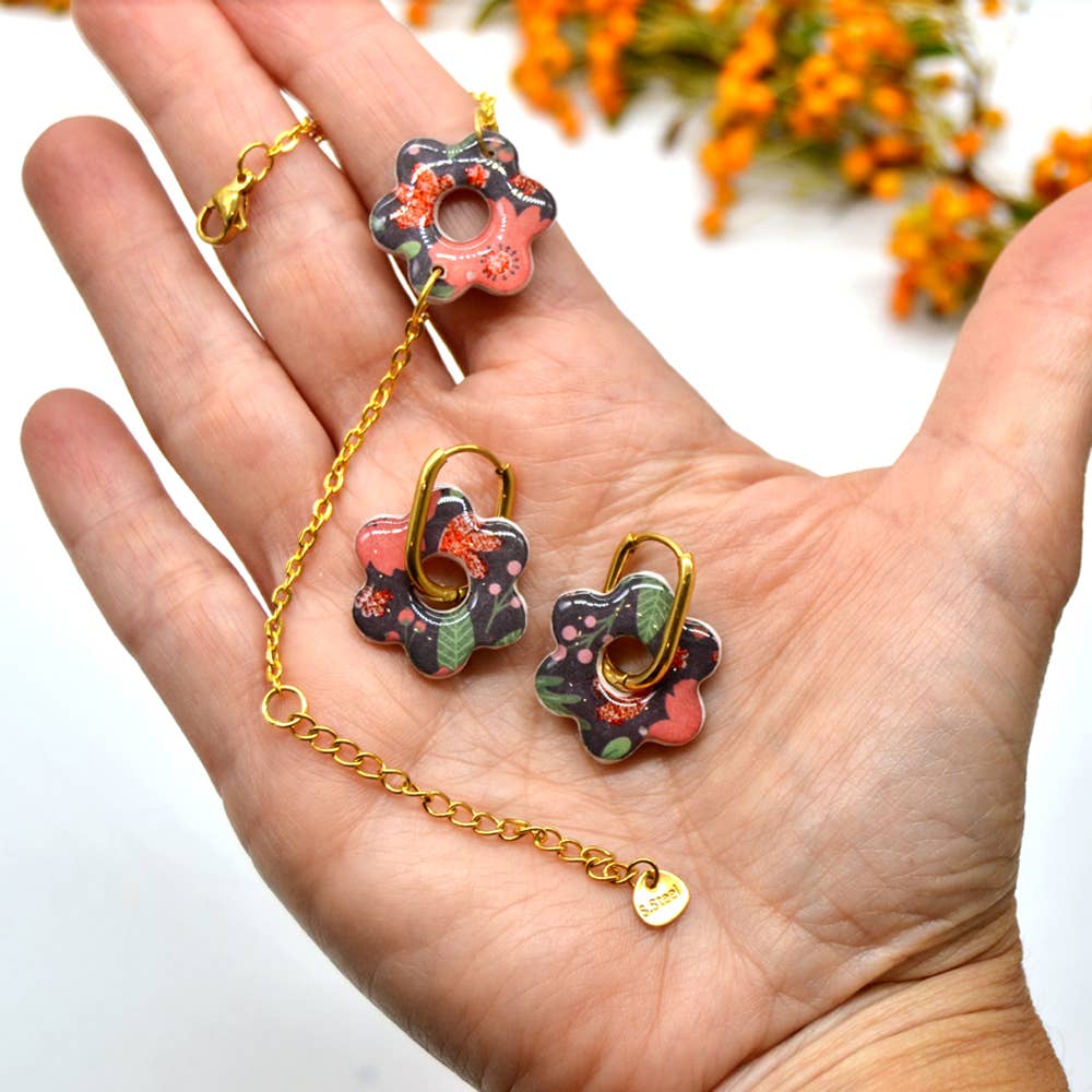 Set di fiori in resina e acciaio inossidabile – Gioielli artigianali