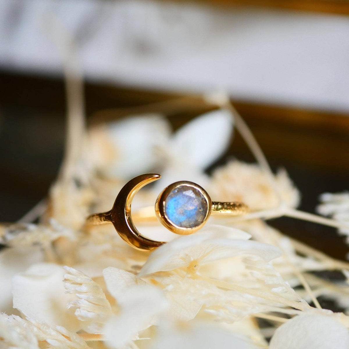 Anello LUNE in oro placcato con labradorite, regolabile