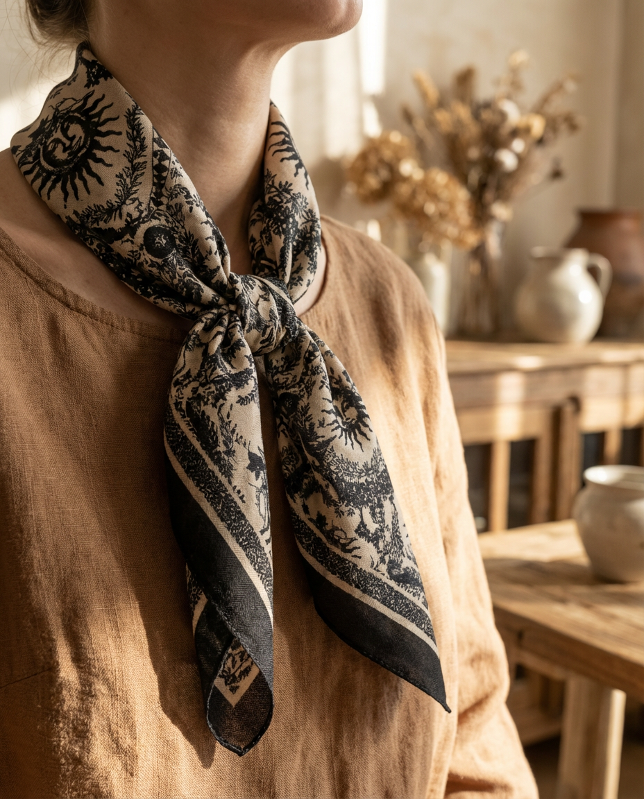 Foulard quadrato vintage con motivo sole e luna 70x70