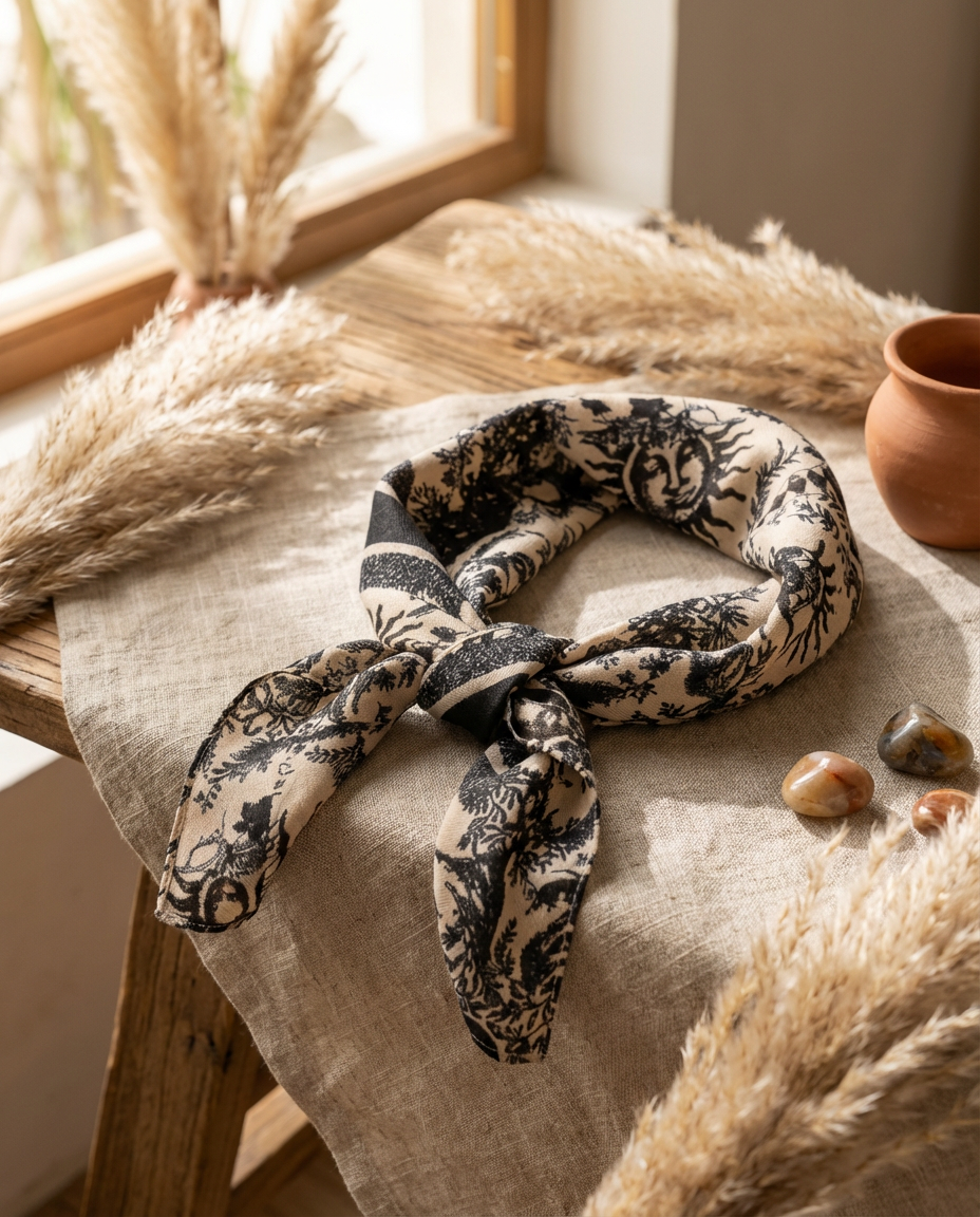 Foulard quadrato vintage con motivo sole e luna 70x70