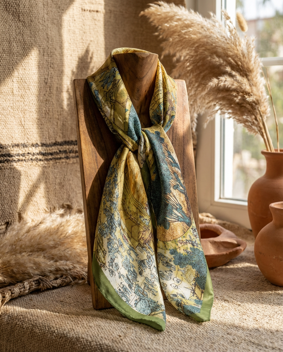 Foulard Quadrato 90 X90 Poliestere Mappa Vintage Natura Eleganza