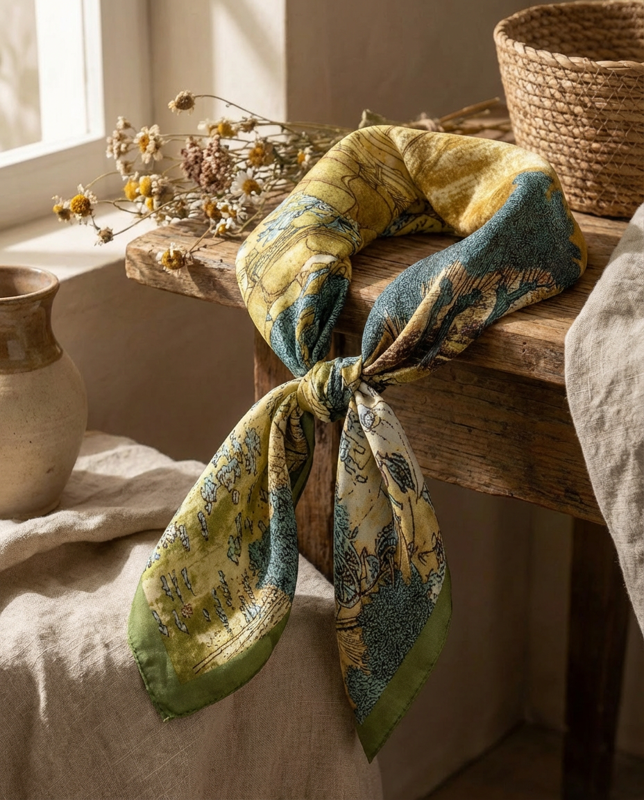 Foulard Quadrato 90 X90 Poliestere Mappa Vintage Natura Eleganza