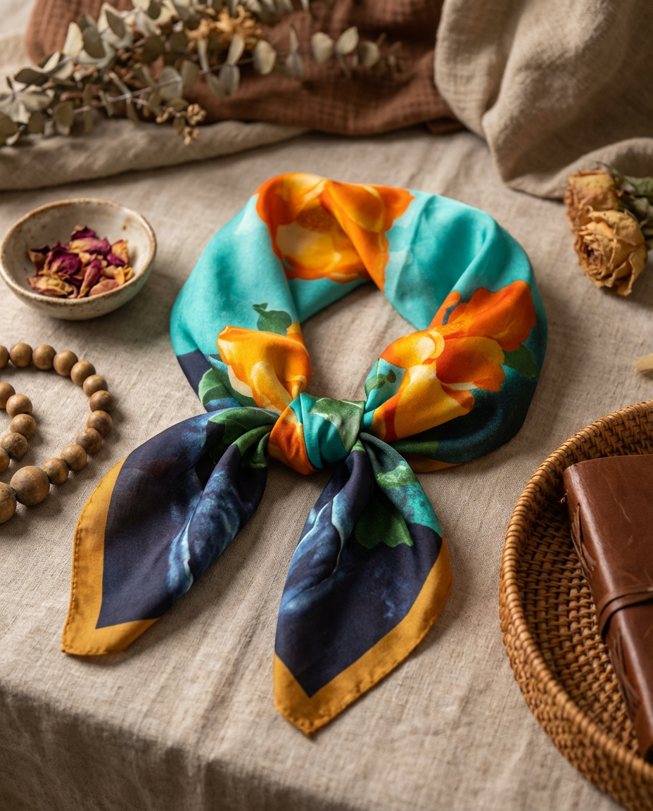 Foulard quadrato 70x70 effetto seta – Motivo floreale arancione