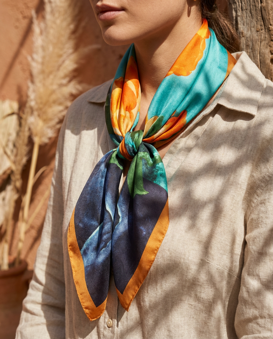 Foulard quadrato 70x70 effetto seta – Motivo floreale arancione