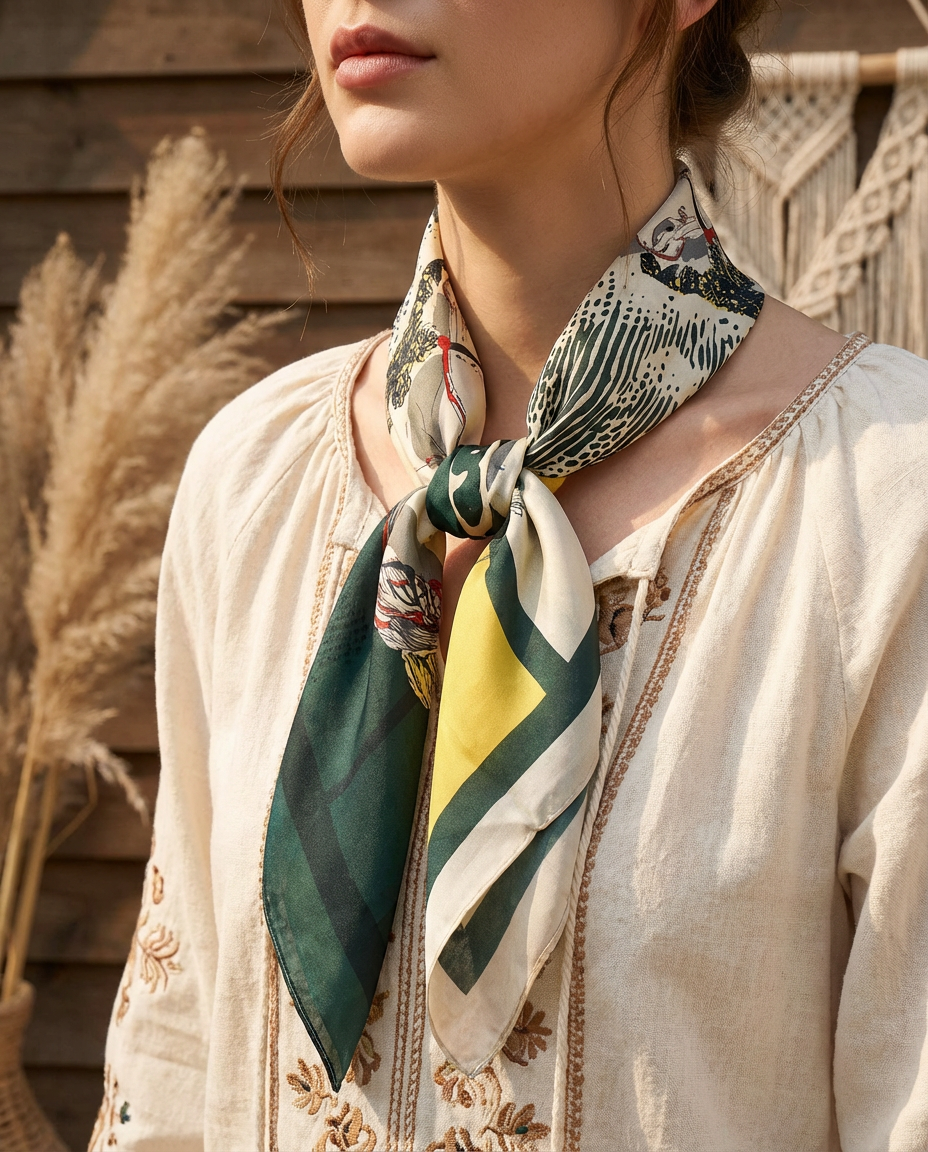 Foulard Quadrato 90 X 90 Poliestere Astratto Colori Verde Giallo