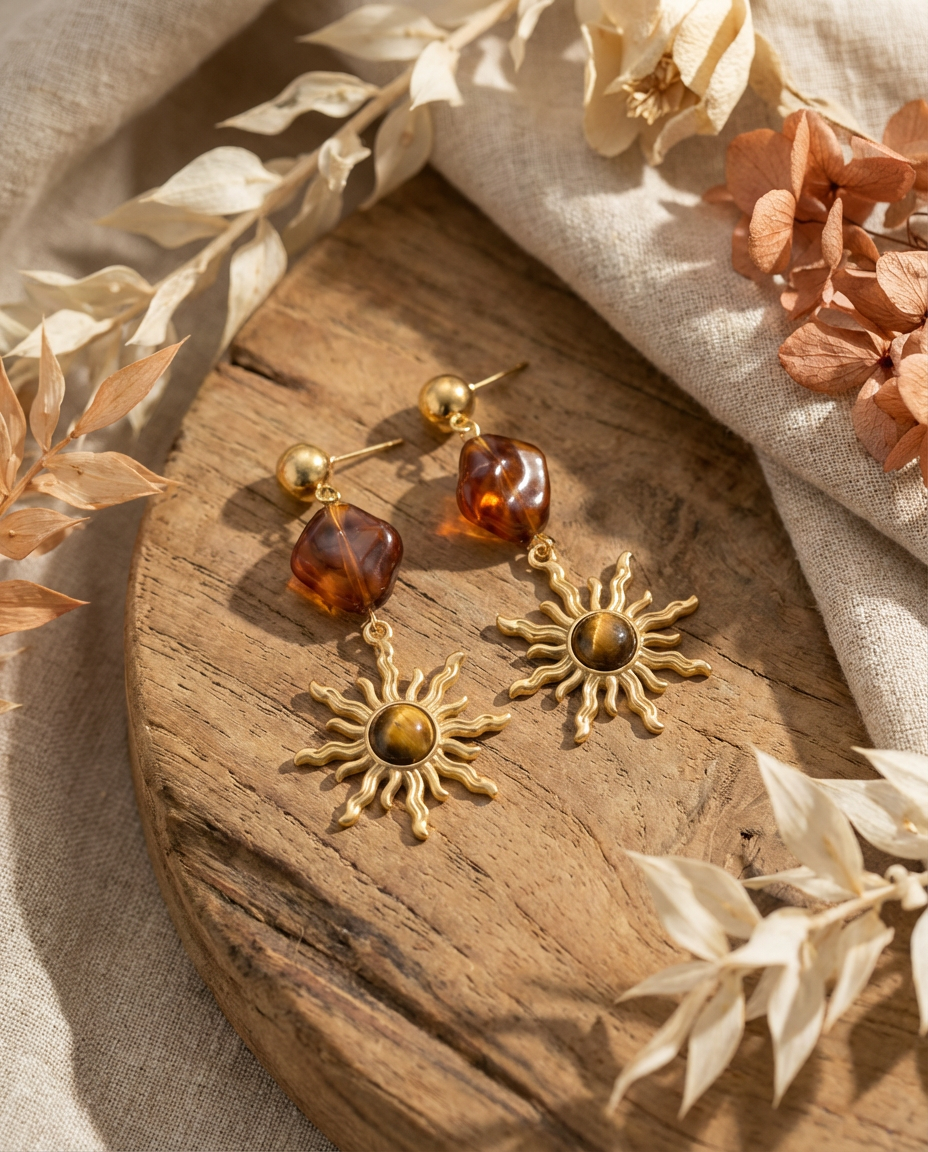 Orecchini sole dorato perla ambra acciaio inossidabile