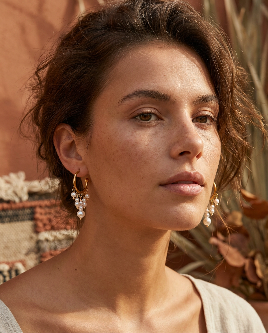 Orecchini a Cerchio Zingara con Perline Bianche