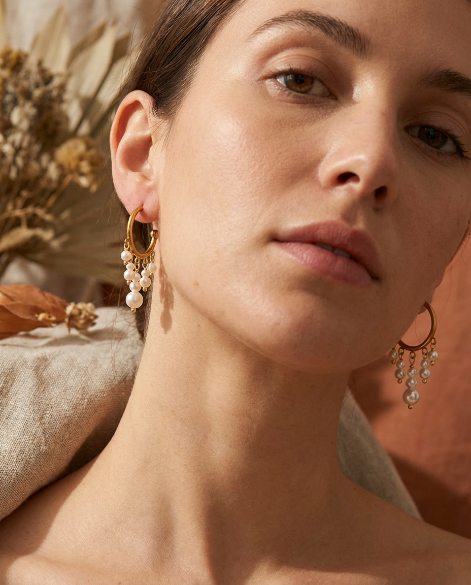 Orecchini a Cerchio Zingara con Perline Bianche