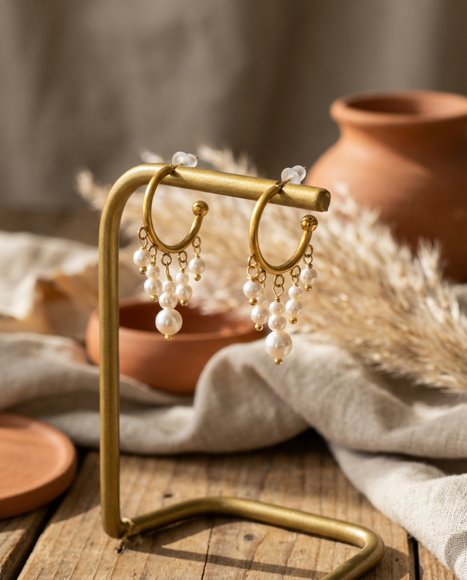 Orecchini a Cerchio Zingara con Perline Bianche