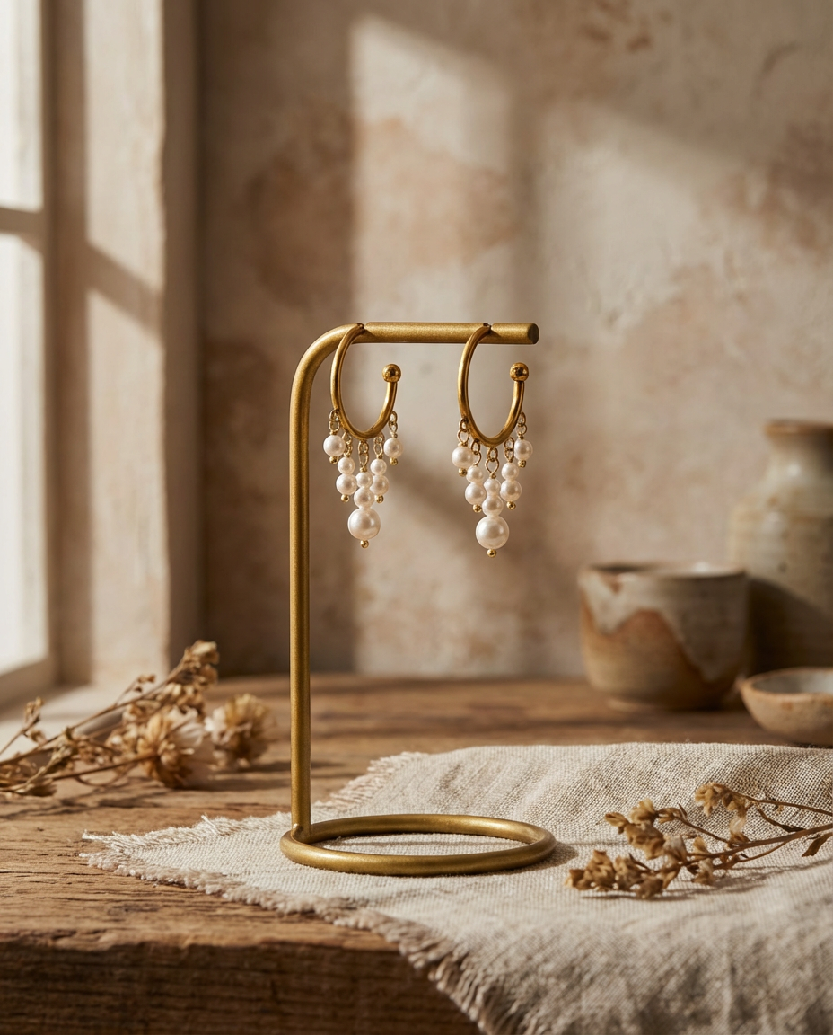 Orecchini a Cerchio Zingara con Perline Bianche