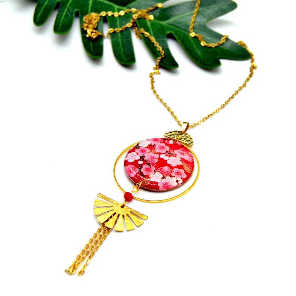 Collana lunga giapponese con fiori rossi – acciaio inox e resina