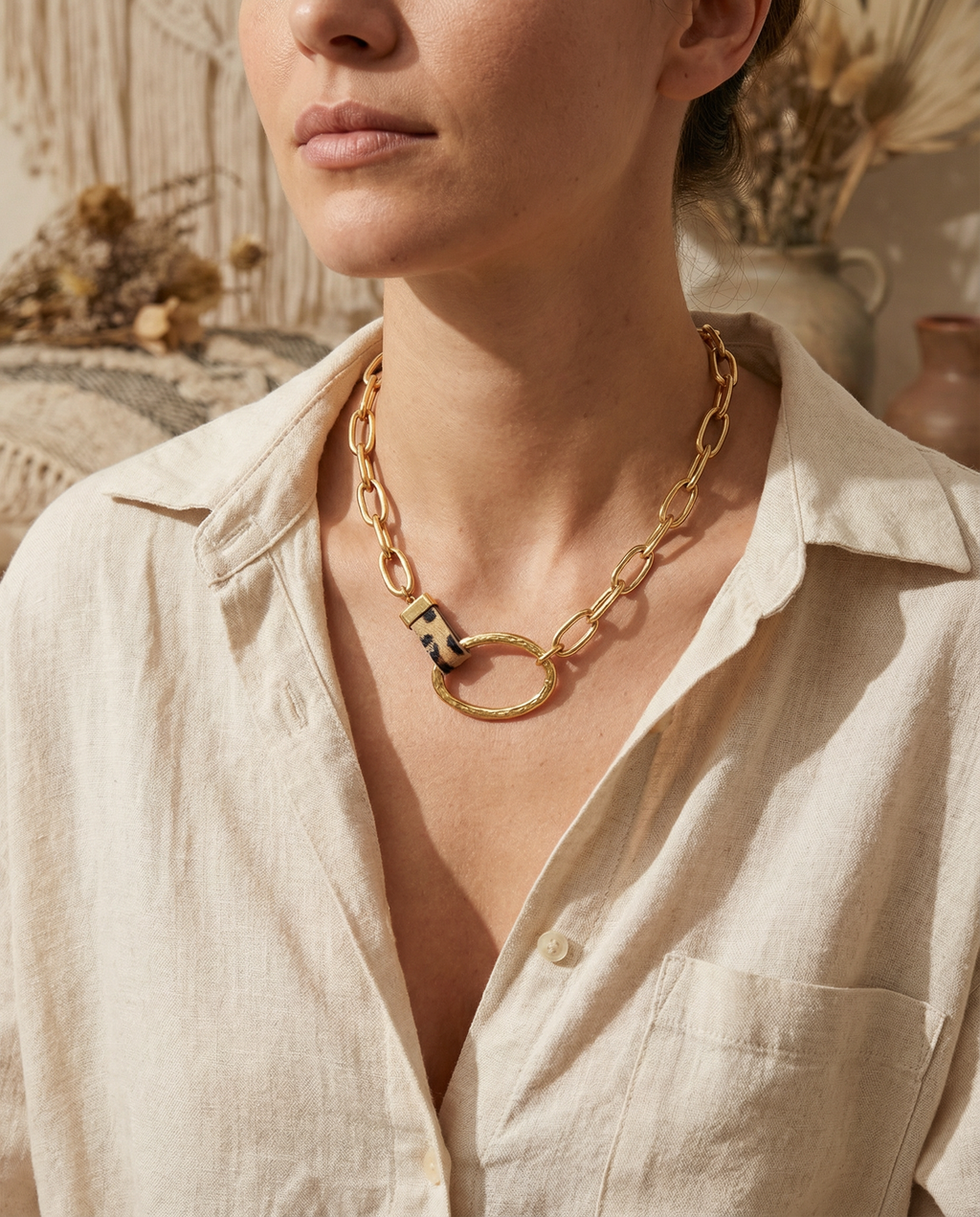 Collana catena in acciaio inossidabile dorato PU leopardo Helka