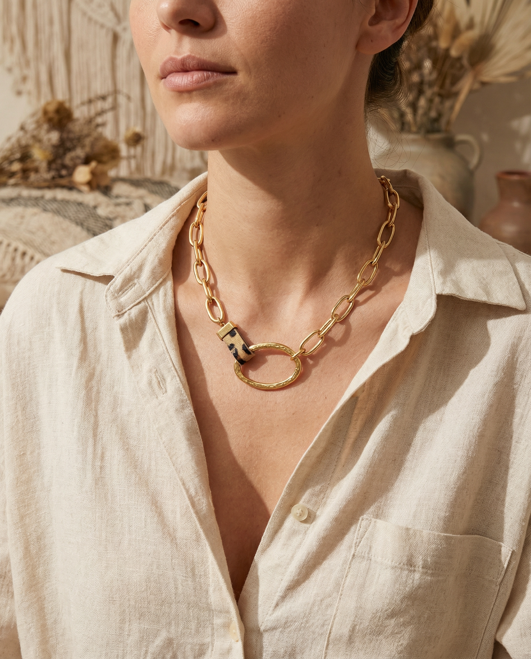 Collana catena in acciaio inossidabile dorato PU leopardo Helka