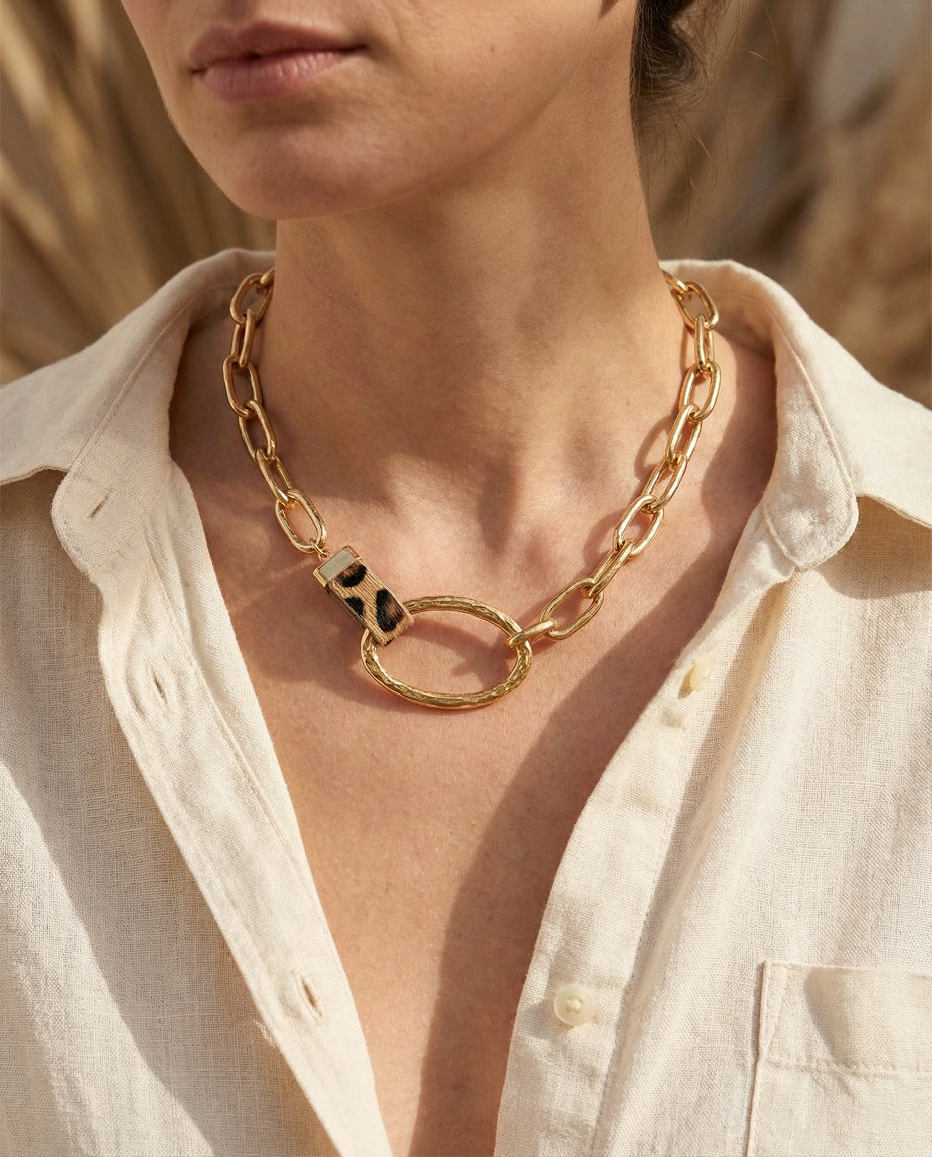 Collana catena in acciaio inossidabile dorato PU leopardo Helka