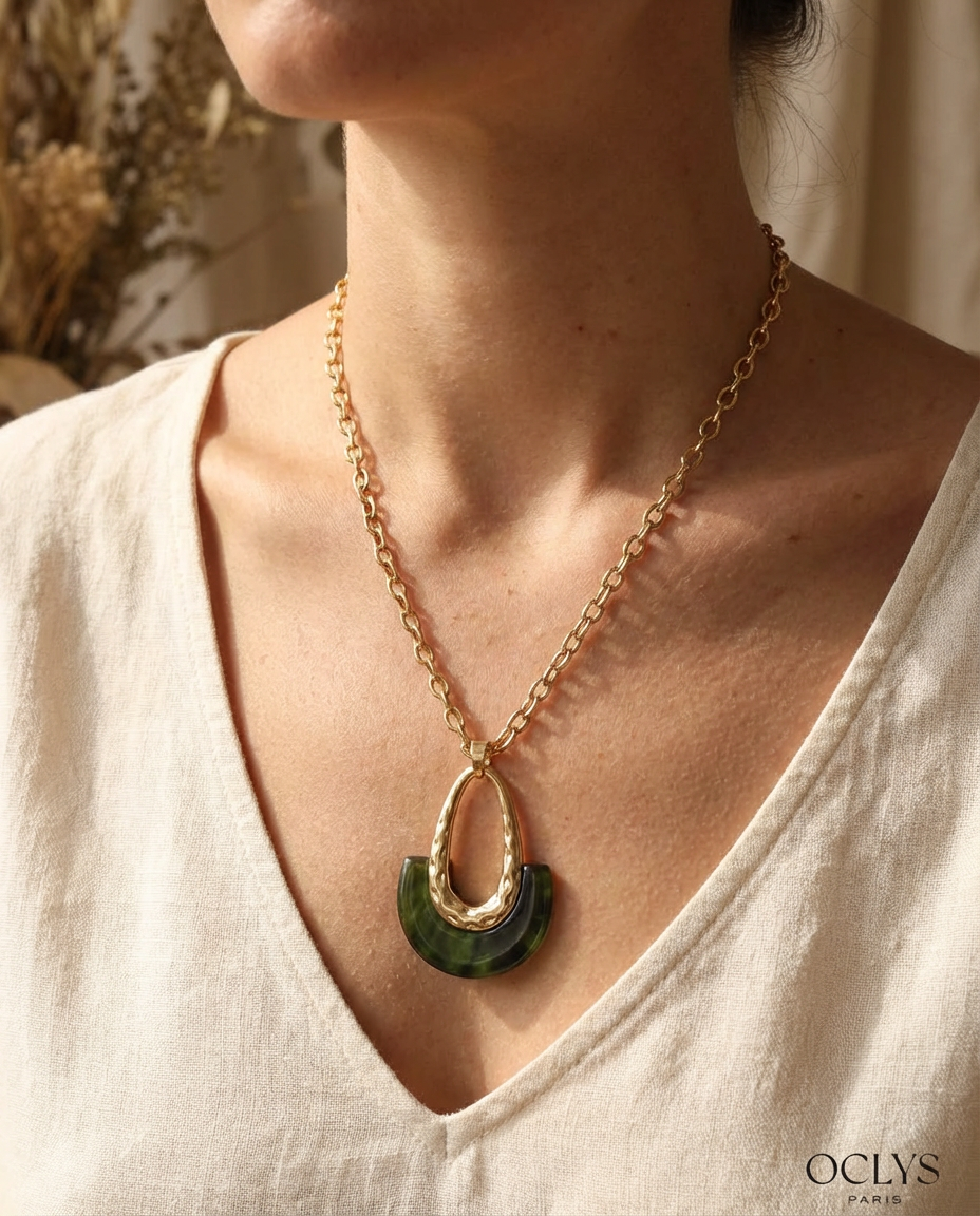 Collana catena pendente resina acciaio inossidabile dorato Luna