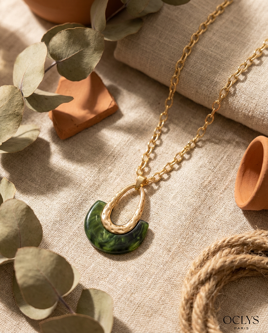 Collana catena pendente resina acciaio inossidabile dorato Luna